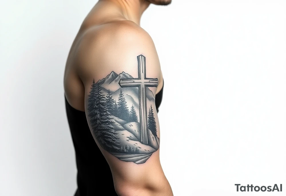 russian orthodox cross in a light forrest mountainous setting tattoo idea
