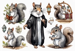 an elderly grey squirrel with a white beard and mustache wearing a black robe and spectacles standing in an ancient library tattoo idea