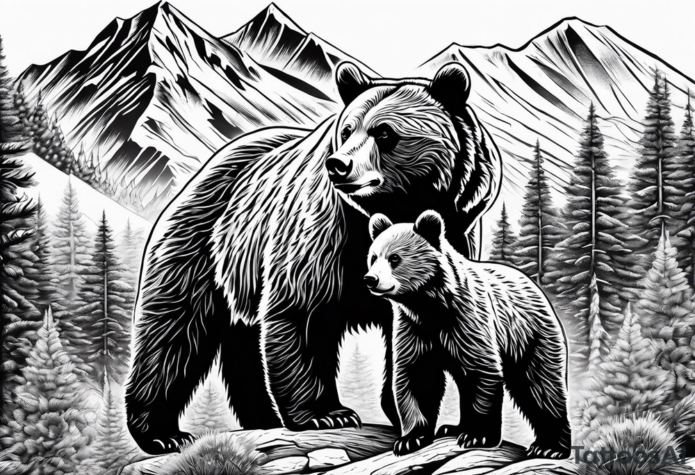 mamma bear and cub with mountains tattoo idea