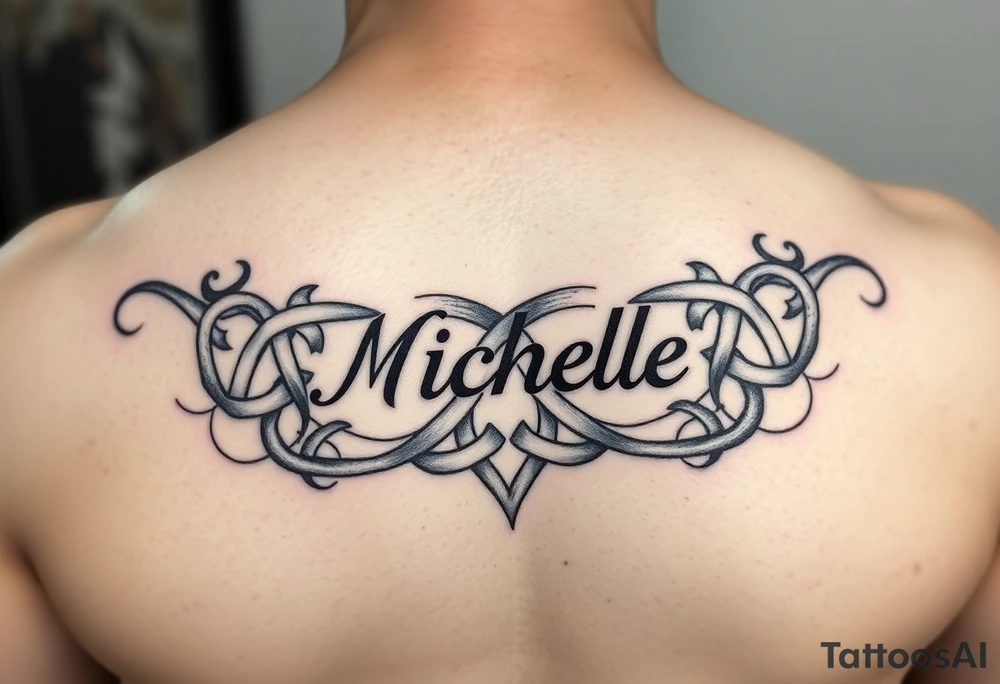 Create a tattoo on a man’s chest if a woman’s name Michelle. Irish or infinity celtic knot theme tattoo idea