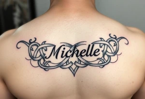 Create a tattoo on a man’s chest if a woman’s name Michelle. Irish or infinity celtic knot theme tattoo idea