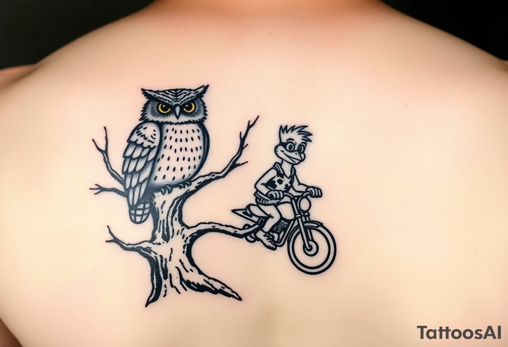 Owl in a tree and the cartoon character woody the woodpecker lovingly looking up at the owl as he rides a harley davidson under the tree tattoo idea