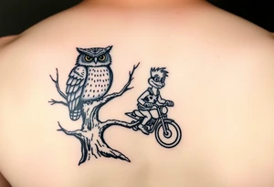 Owl in a tree and the cartoon character woody the woodpecker lovingly looking up at the owl as he rides a harley davidson under the tree tattoo idea