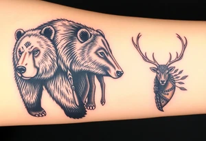 Indigenous, Majestic, and Powerful male Goliath Grizzly Bear and Elk. Both guarding an Indigenous, Majestic, and Powerful Raven haired Warrior Squaw tattoo idea