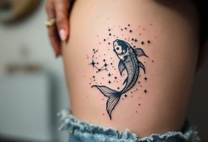 A black-ink Pisces star constellation fading into a soft sky-blue mist. tattoo idea