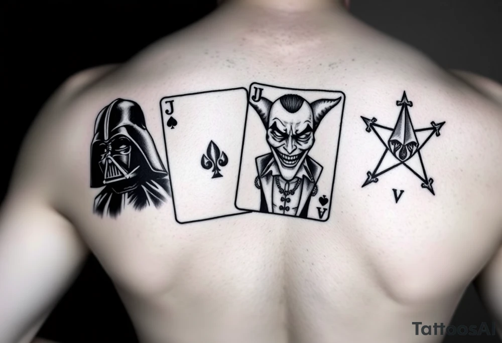 4 cards of a deck, Darth Vader, joker from batman, camo army star, princess crown paw prints tattoo idea