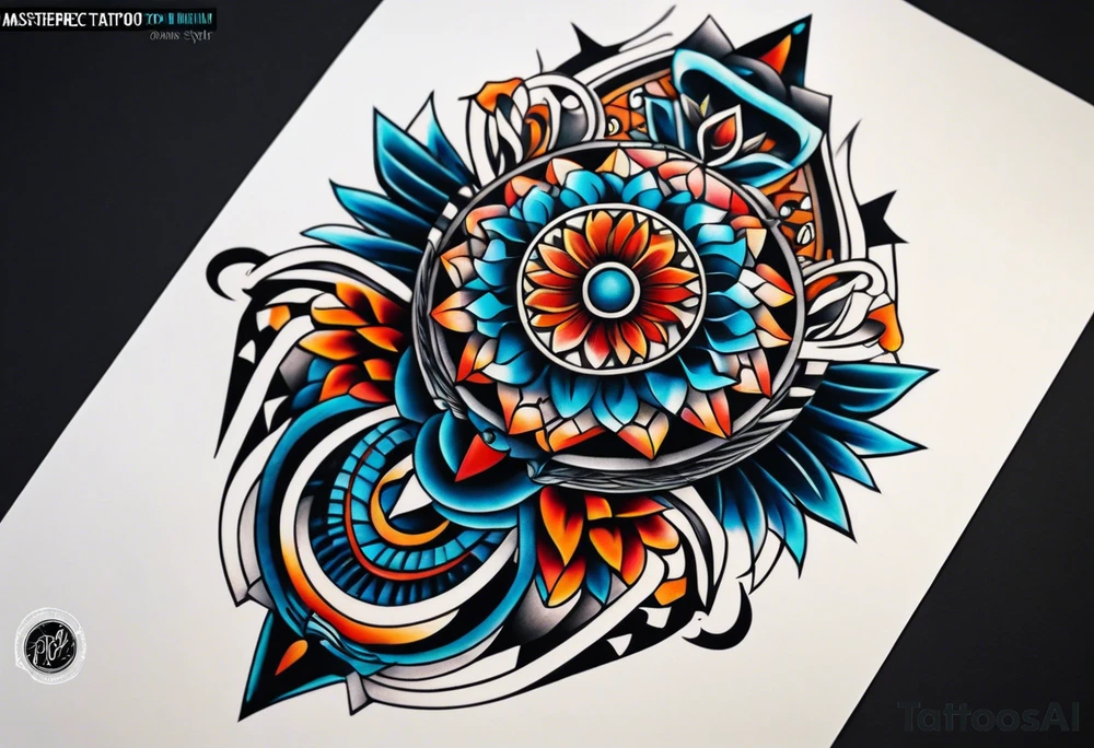semi Detailed neo traditional knee tattoo flat on paper. The tattoo features geometric patterns and bold lines, creating a visually striking design with slight tints of deep fall colors. outside the tattoo features deep blues washes and water swirls tattoo idea