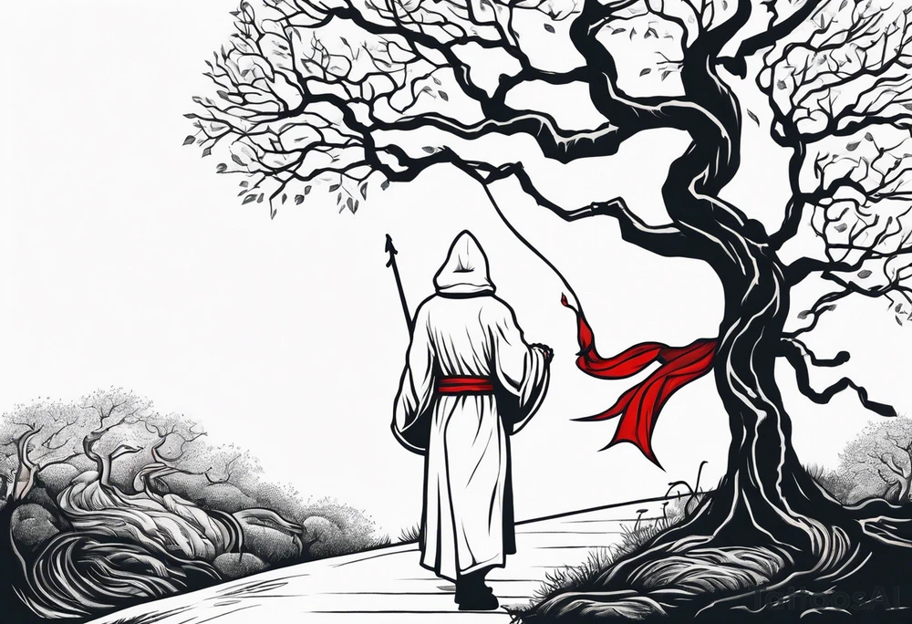 Hooded man in white. Right hand up. Left hand holding a bow. A one red and one white snake intertwining going up the front of the robe. Large oak tree behind him. And two paths going around him and the tree. tattoo idea