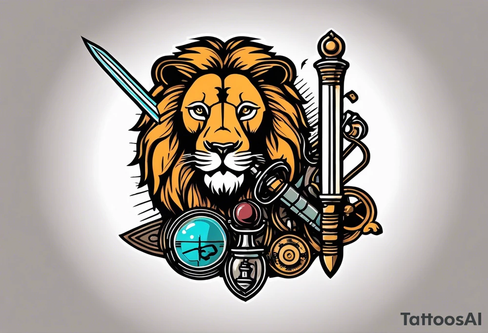 vintage lion icon holding a sword and scientific equipment tattoo idea