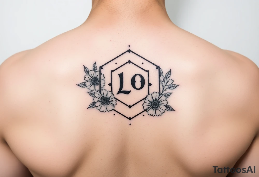 Dashed line hexagon with Leo symbol in center and flowers tattoo idea