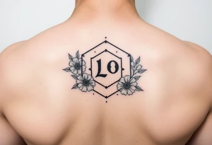 Dashed line hexagon with Leo symbol in center and flowers tattoo idea