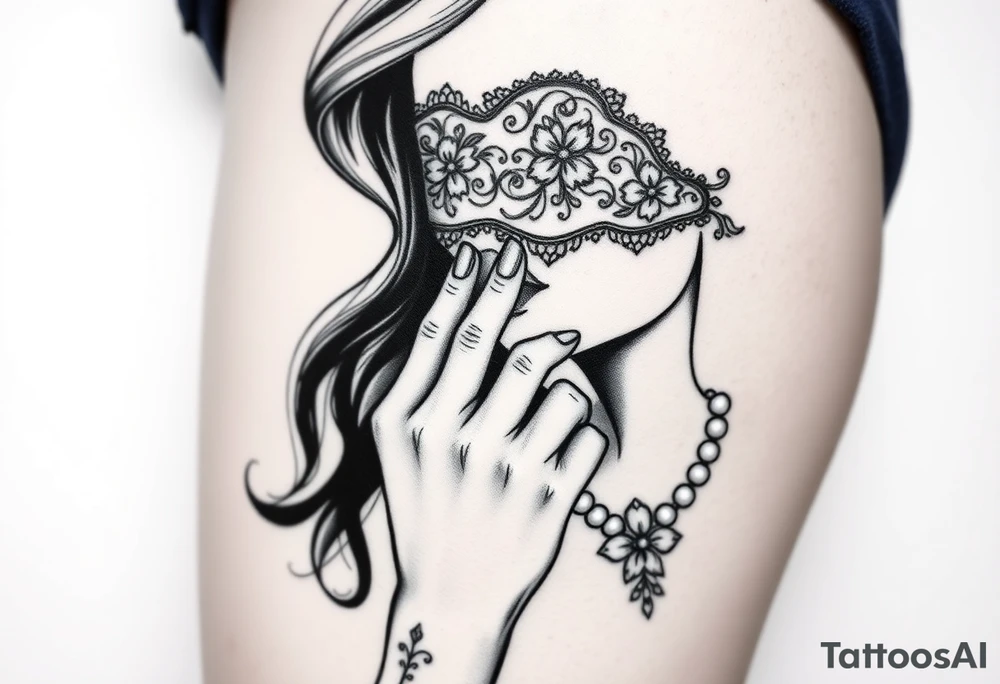 Black and white profile of woman with chin pressed on hand, lace covering  her eyes while sucking 
 on pearl necklace tattoo idea