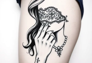 Black and white profile of woman with chin pressed on hand, lace covering  her eyes while sucking 
 on pearl necklace tattoo idea