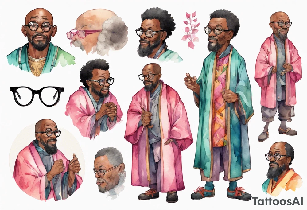 a middle-aged medieval black man wearing round glasses, wearing colorful robe, wearing pink bracers tattoo idea