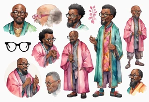 a middle-aged medieval black man wearing round glasses, wearing colorful robe, wearing pink bracers tattoo idea