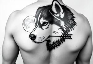 create a tatto of the face of a female husky looking at a half a moon with a arrow crossing for the underarm tattoo idea