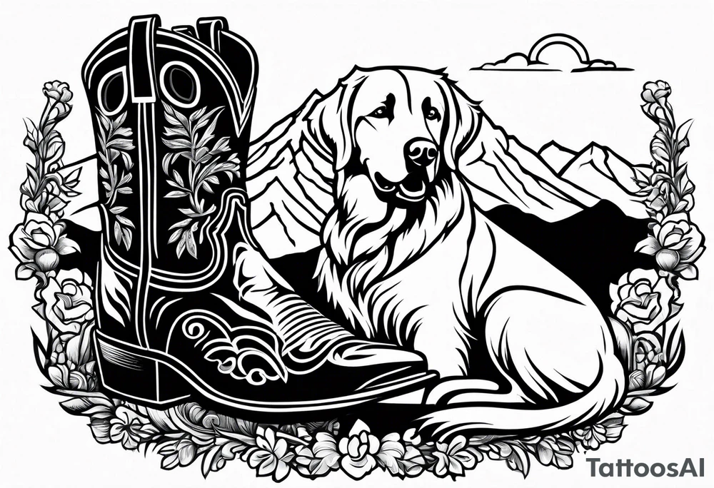 cowboy boot and mountains and a golden retriever tattoo idea