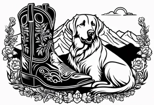 cowboy boot and mountains and a golden retriever tattoo idea