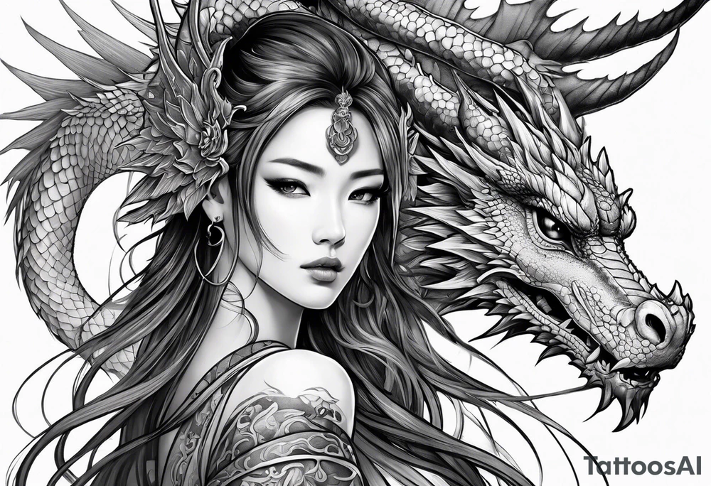 beautiful warrior nymph with dragon wings and a dragon friend tattoo idea