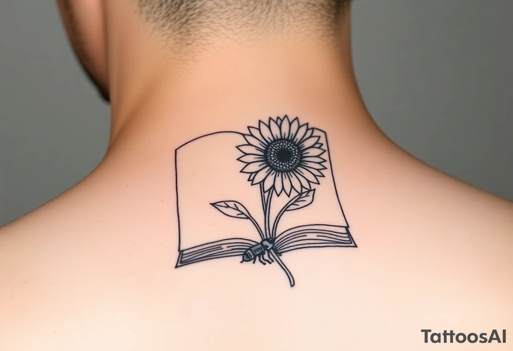 A book with a sunflower and bees as one page tattoo idea
