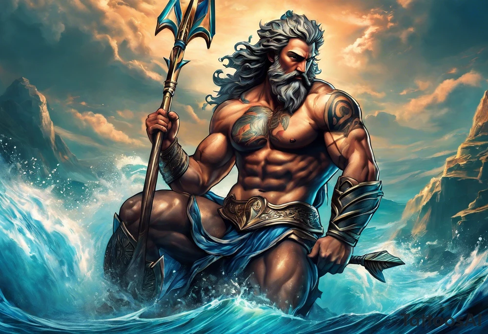 Poseidon with arrows in his back, full of anger and pain kneeling on his knee.
Make it look realistic, muscular and him masculine tattoo idea