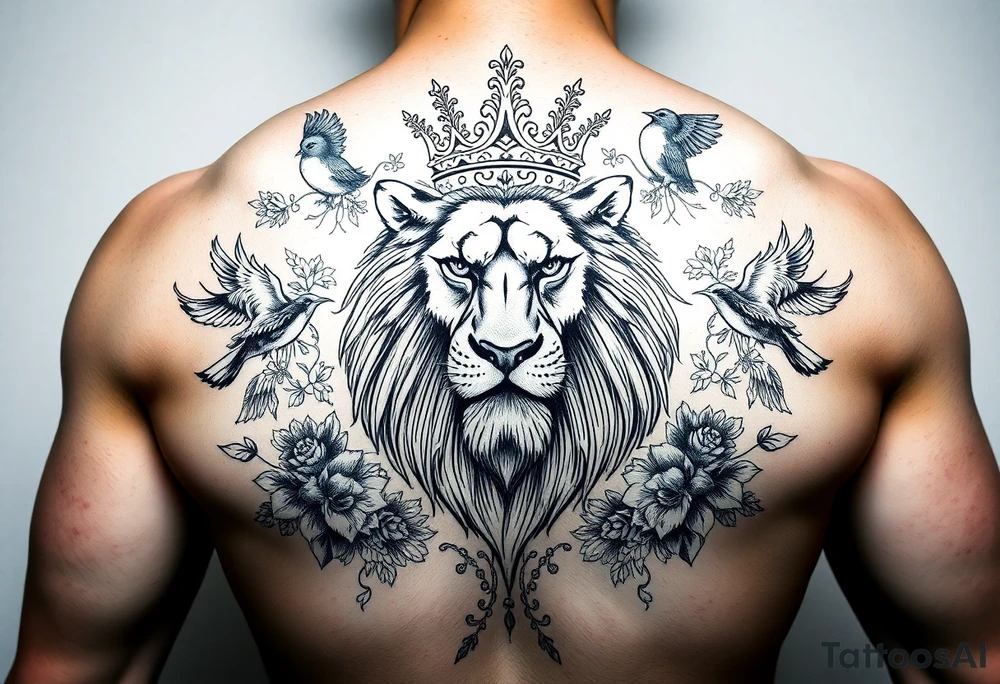 powerful majestic lion with a crown, surrounded by floral ornaments and birds tattoo idea