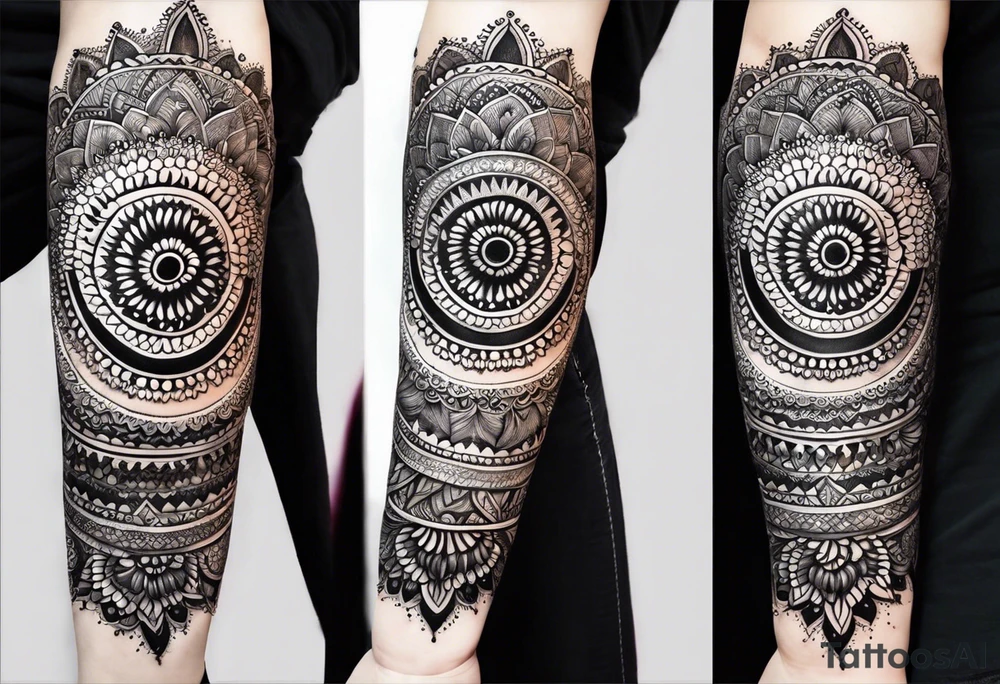 Full sleeve arm mandala henna female tattoo with mushroom henna at shoulder tattoo idea