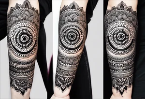 Full sleeve arm mandala henna female tattoo with mushroom henna at shoulder tattoo idea