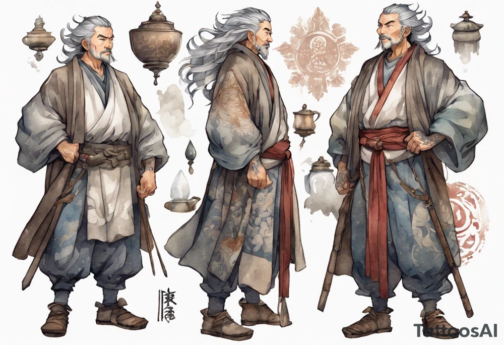 a tall, handsome middle-aged man with salt-and-pepper hair, brown skin, grey eyes wearing medieval clothing standing tattoo idea