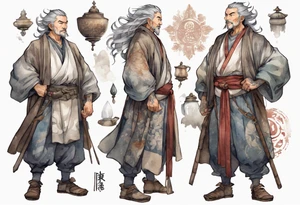 a tall, handsome middle-aged man with salt-and-pepper hair, brown skin, grey eyes wearing medieval clothing standing tattoo idea