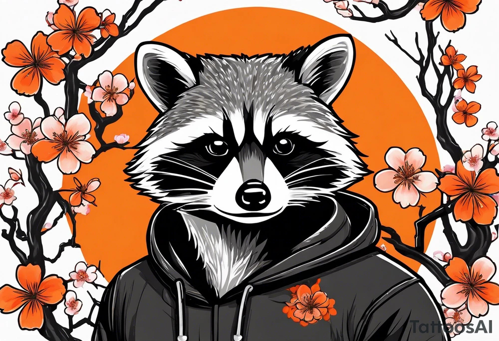Raccoon wearing a white Superman logo on a black hoodie and orange Japanese cherry blossoms beside tattoo idea