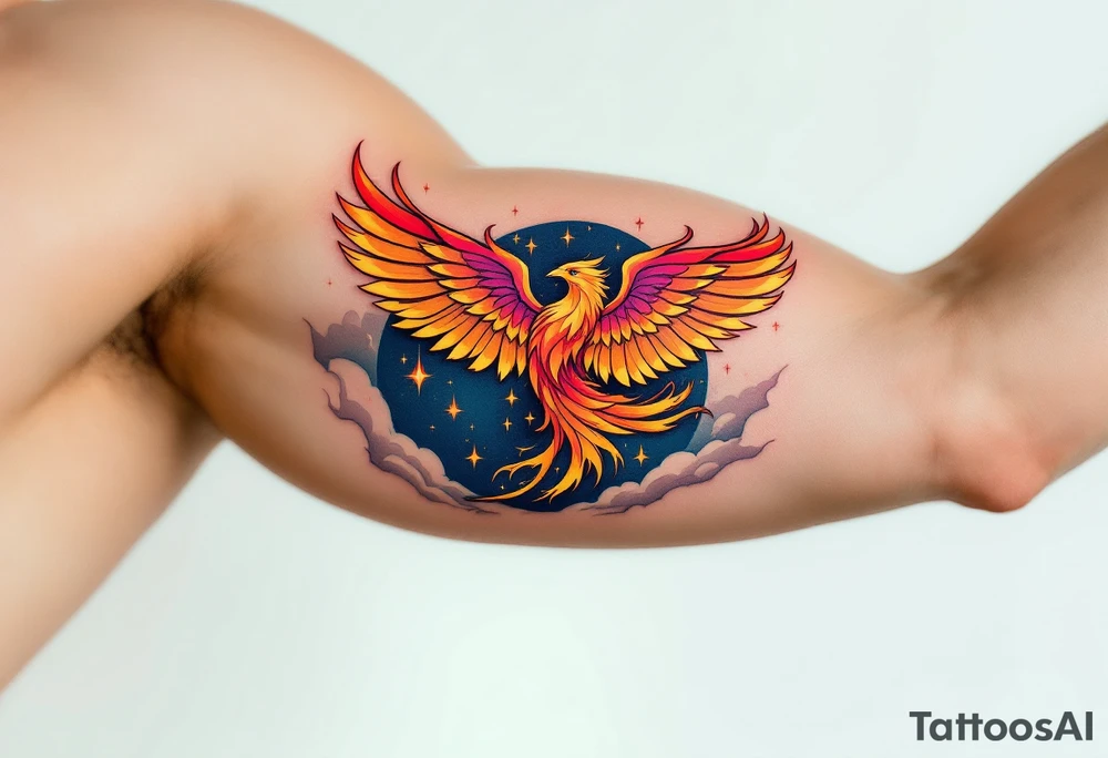 Firebird (Zhar-Ptitsa) – A mythical bird with glowing red, orange, and gold plumage, trailing embers and flying across a midnight blue sky. tattoo idea