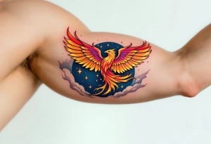Firebird (Zhar-Ptitsa) – A mythical bird with glowing red, orange, and gold plumage, trailing embers and flying across a midnight blue sky. tattoo idea