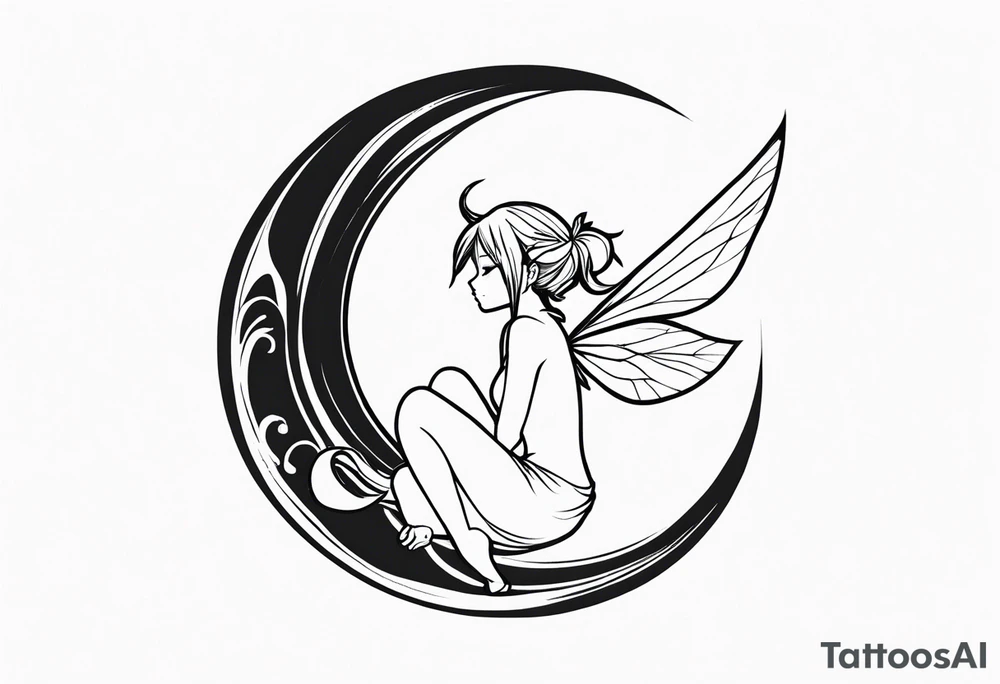 No color sketch of a fairy with a tail inspired by the guild symbol in the anime show called Fairy Tail in a fetal position leaning in and forward while crawled in hugging herself floating tattoo idea