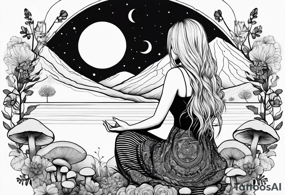 Straight blonde hair girl meditating facing away toward mountains surrounded by mushrooms crescent moon mandala circular design black and white striped dress tattoo idea