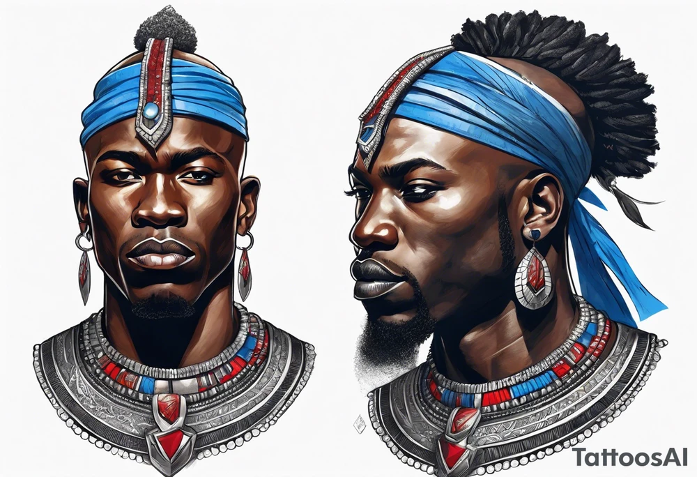 Black-skinned bald african warrior. He wears a simple and small silver crown. He uses blue and red necklaces tattoo idea