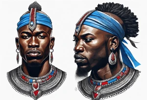 Black-skinned bald african warrior. He wears a simple and small silver crown. He uses blue and red necklaces tattoo idea
