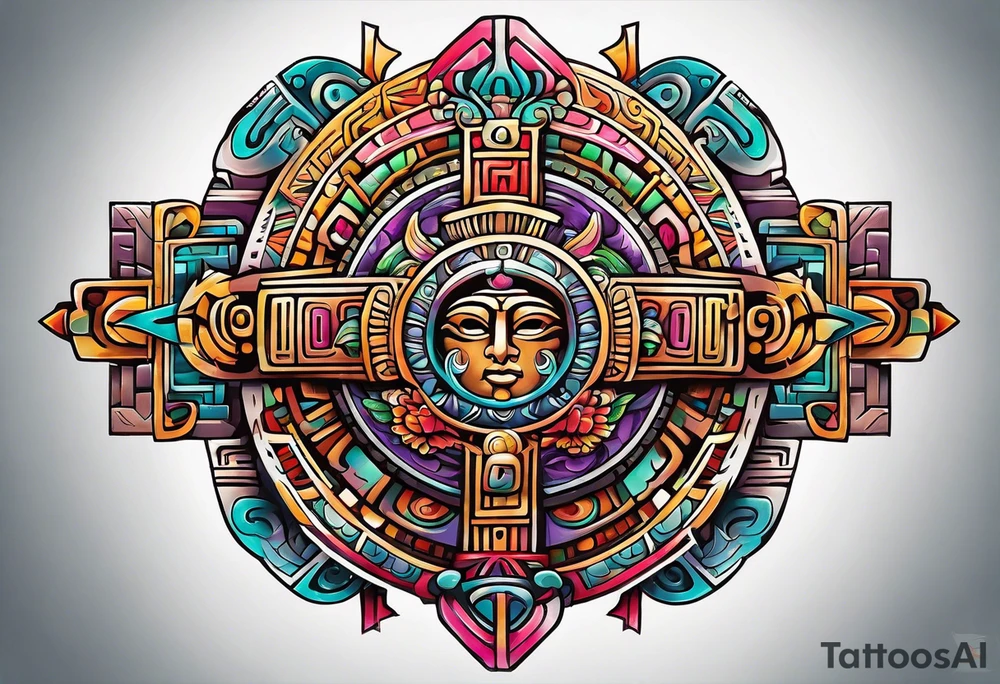 Colorful ancient Mayan hieroglyph tattoo idea
