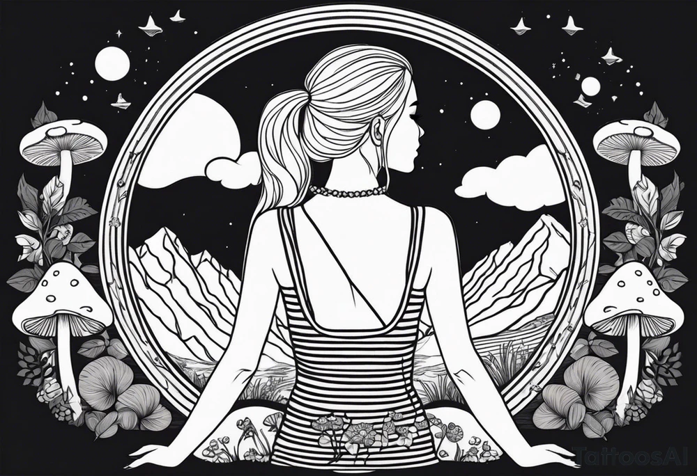 Straight blonde hair girl facing away toward mountains surrounded by mushrooms crescent moon mandala circular design black and white striped dress tattoo idea