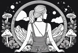 Straight blonde hair girl facing away toward mountains surrounded by mushrooms crescent moon mandala circular design black and white striped dress tattoo idea