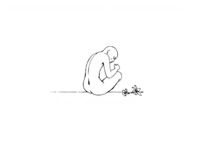 A simple tile floor with a minimalist outline of a curled up person sitting on the floor with a lily next to her tattoo idea