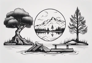 Matching minimalistic Tattoo about a landscape of a tree next to a log bench tattoo idea