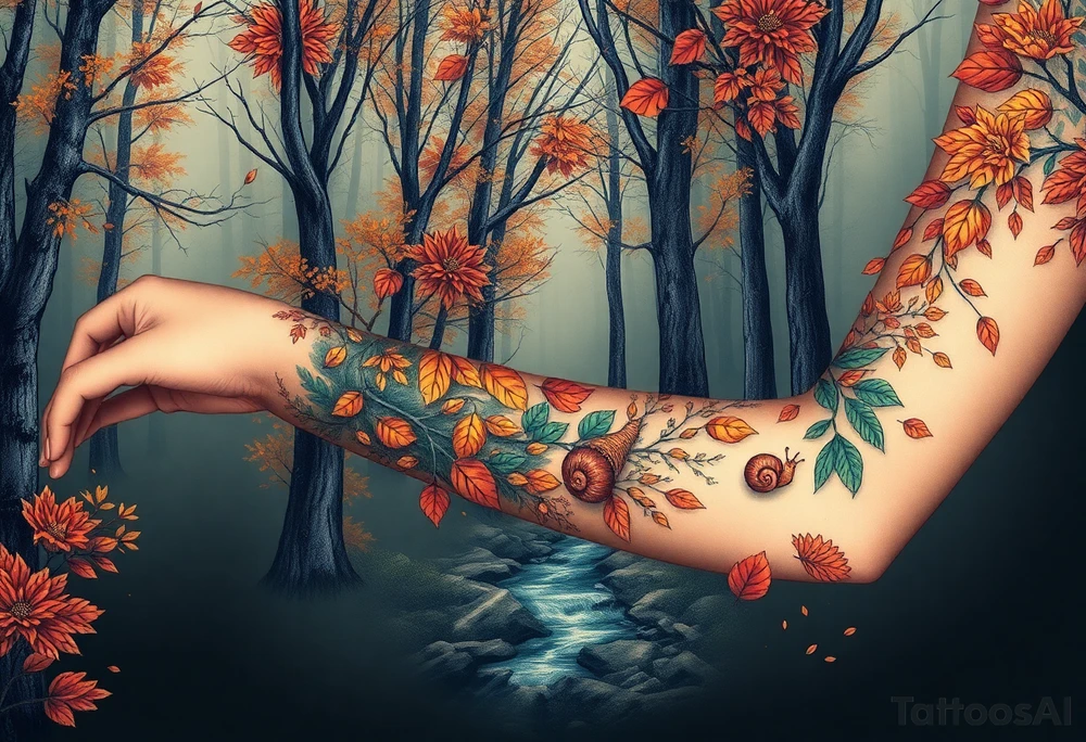 colorful fall themed womans sleeve forest, trees, falling leaves and rain, a small snail or two, a creek and some fall themed flowers as filler tattoo idea