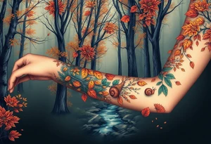 colorful fall themed womans sleeve forest, trees, falling leaves and rain, a small snail or two, a creek and some fall themed flowers as filler tattoo idea