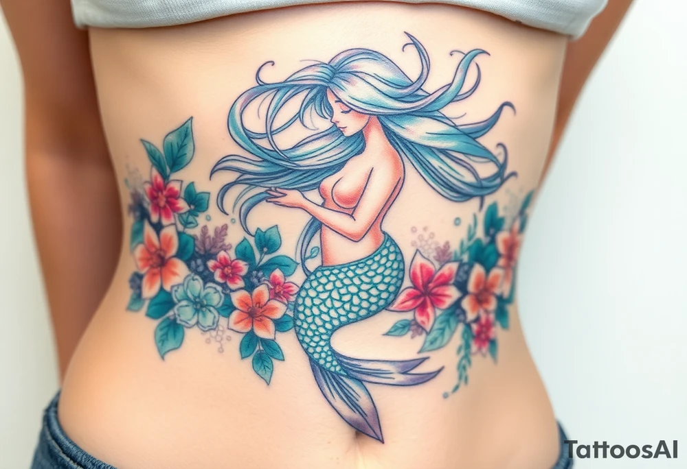 ethereal mermaid with flowing hair among coral and sea flowers tattoo idea