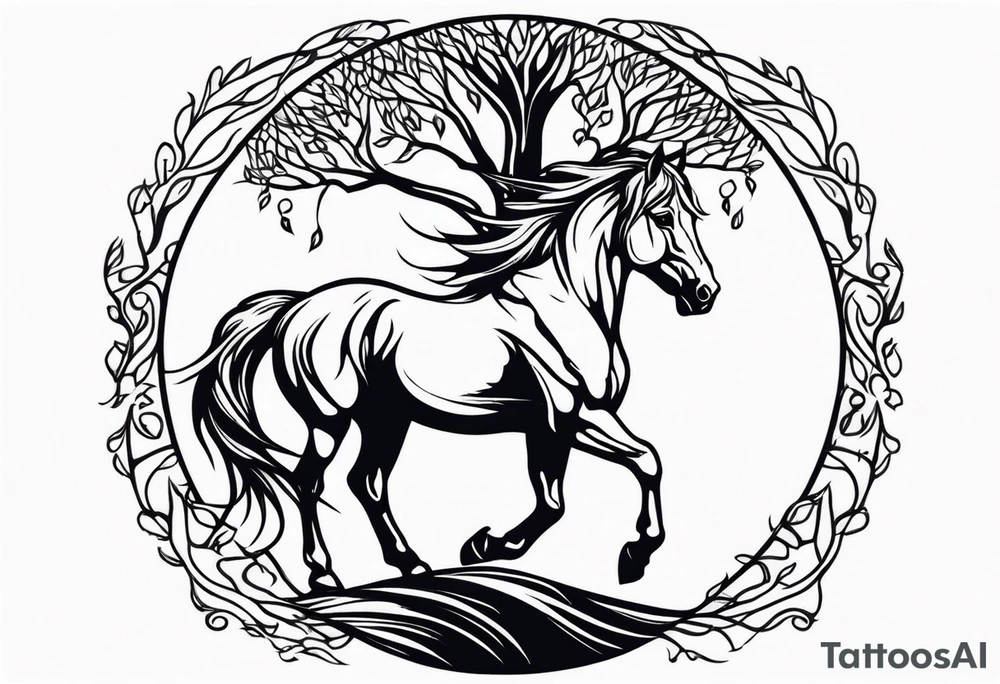 Realistic Horse and Yggdrasil tree tattoo idea