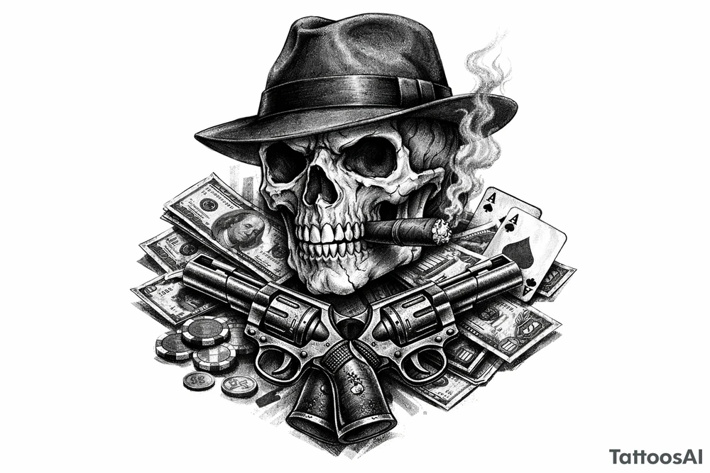 A black and grey skull with a fedora, cigar, and crossed revolvers, with scattered money and cards. tattoo idea