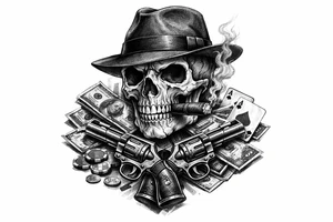 A black and grey skull with a fedora, cigar, and crossed revolvers, with scattered money and cards. tattoo idea