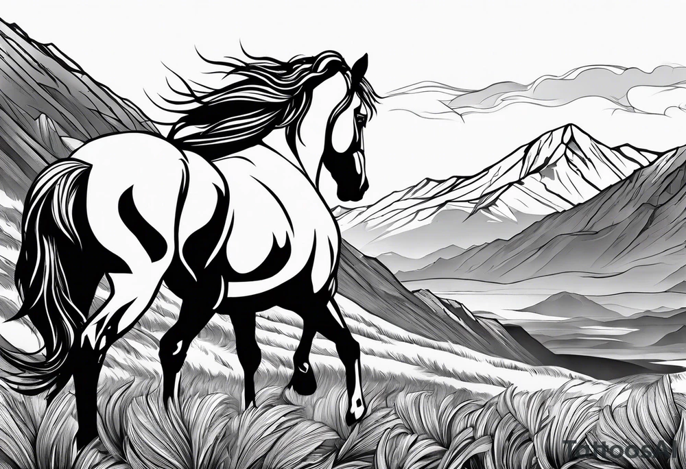 Wild horse, mountain background, feather tattoo idea
