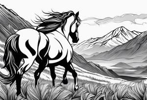 Wild horse, mountain background, feather tattoo idea